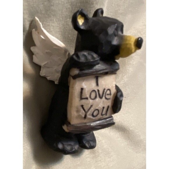 Young Black Bear Cub Figurine Angel Wings Holding “I Love You” Sign 2.5 in Tall - Picture 3 of 13